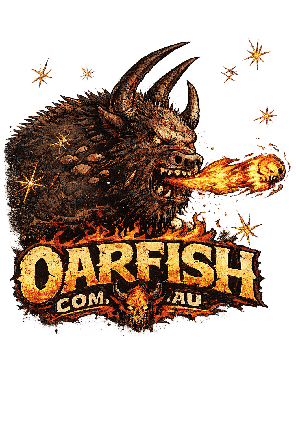 Oarfish.com.au logo featuring a fire-breathing horned beast