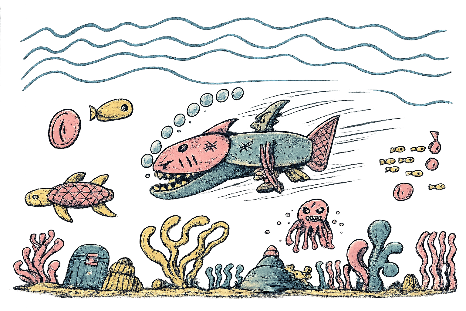 Hand-drawn underwater scene with the Oarfish creature, turtle, octopus and reef life